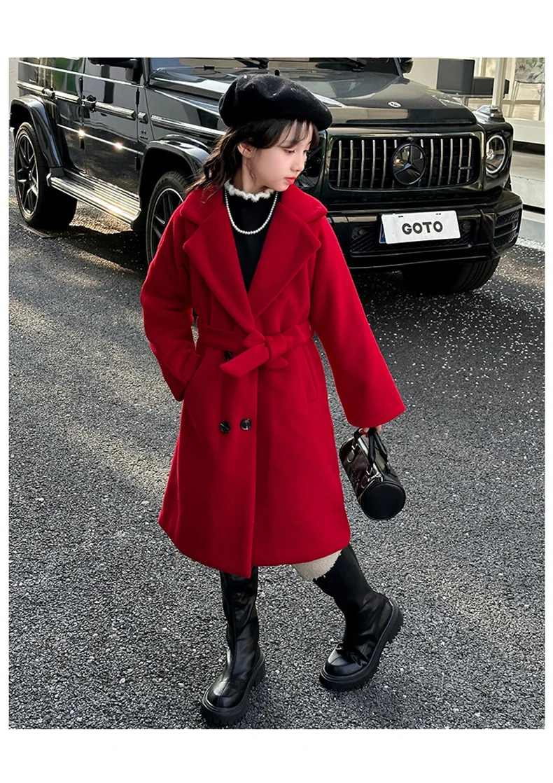 Girls Wool Coat Children 2024 New Autumn Winter Fashion Simple Casual Long Coat Korean Simple Style Fashion Wool Clothes