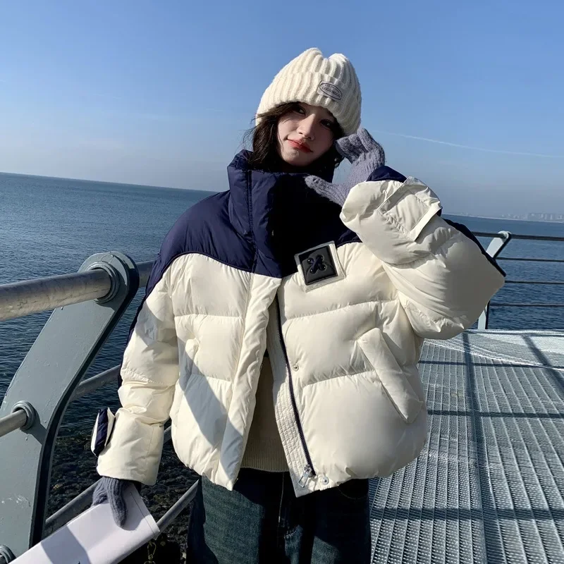 أزياء مزيج اللون النساء سترات فضفاضة سماكة سترة الشتاء البريدي أزرار مزدوجة بلاكيت تصاميم الدافئة الوقوف طوق جيوب معاطف