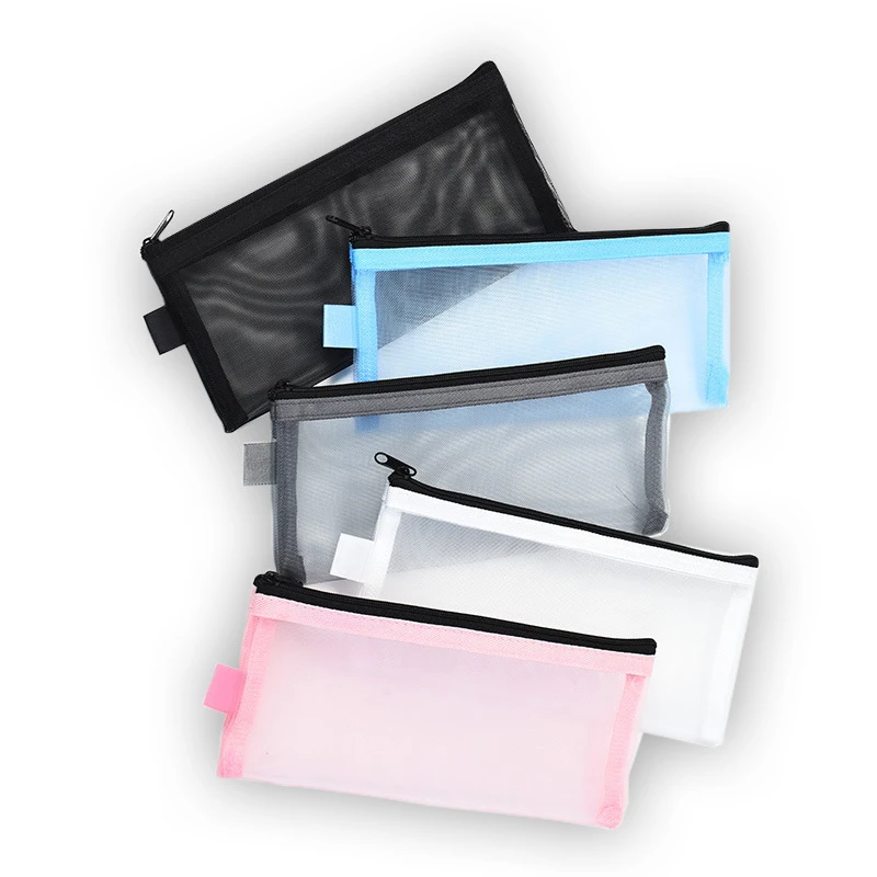 Simple Transparent Zipper Pencil Case Mesh Cosmetic Storage Bag Clear Stationery Bag Nylon Makeup Pouch Portable Travel Handbag