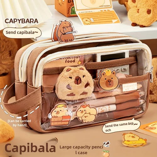 Lindo estuche para lápices de capibara con cerradura, bolsa de lona estética Kawaii, organizador transparente de útiles escolares con compartimentos, incluye