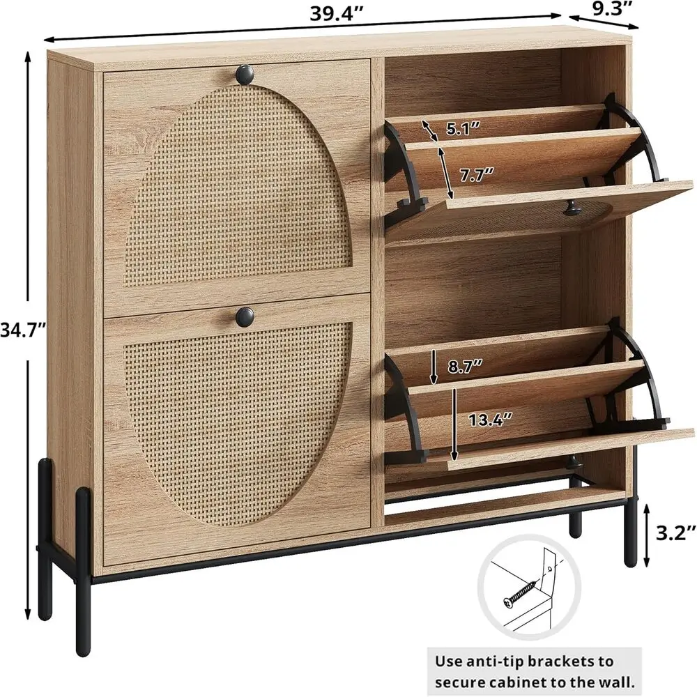 خزانة أحذية IRONCK Rattan مع 4 أدراج قابلة للطي، وخزانة تنظيم تخزين الأحذية قائمة بذاتها، وخزانة رف الأحذية الضيقة