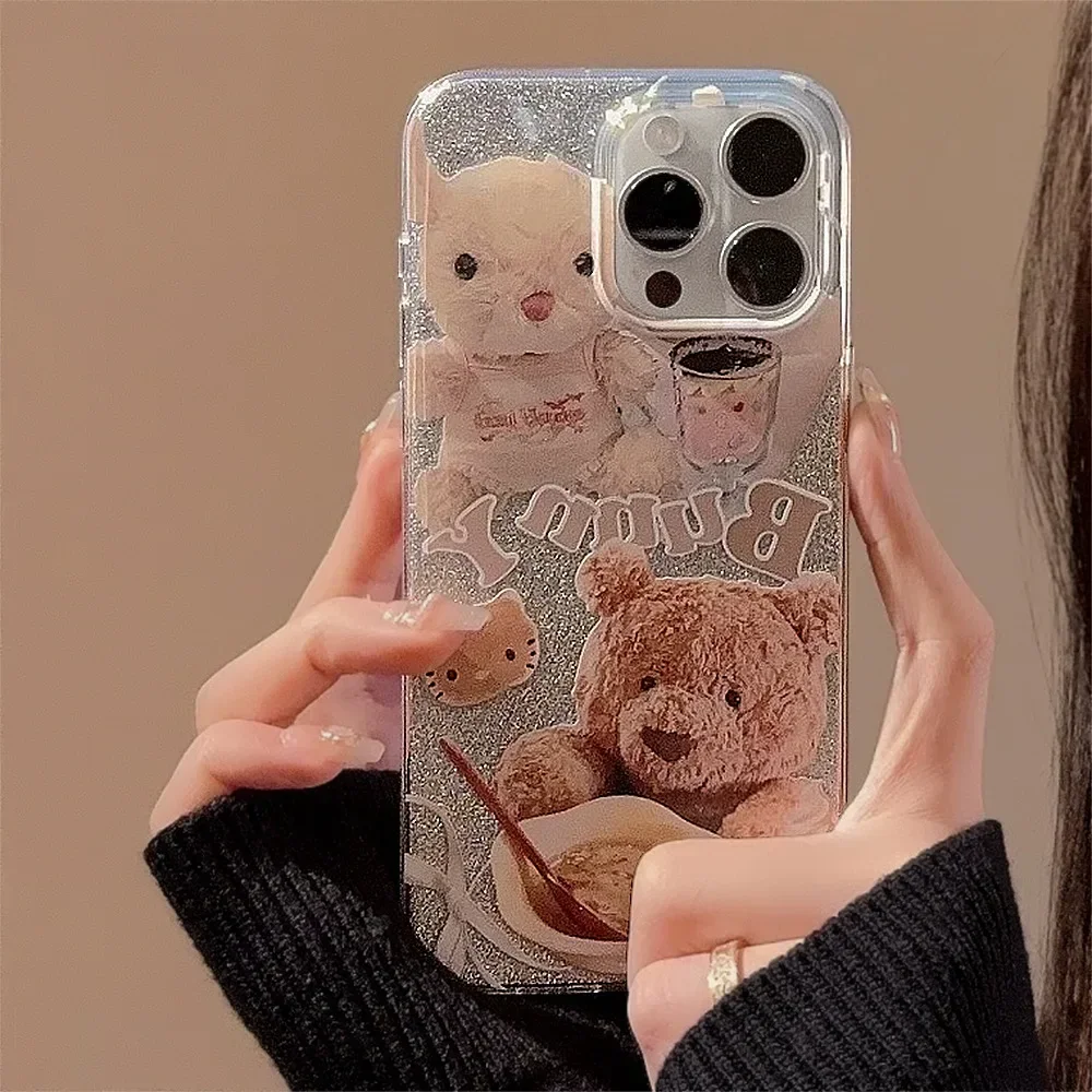 Hello Kitty-Coque de téléphone ours au chocolat, coque mignonne, poupée scintillante, pendentif arc d'art, iPhone 16 15 14 13 12 Pro Max Xr 15 Plus