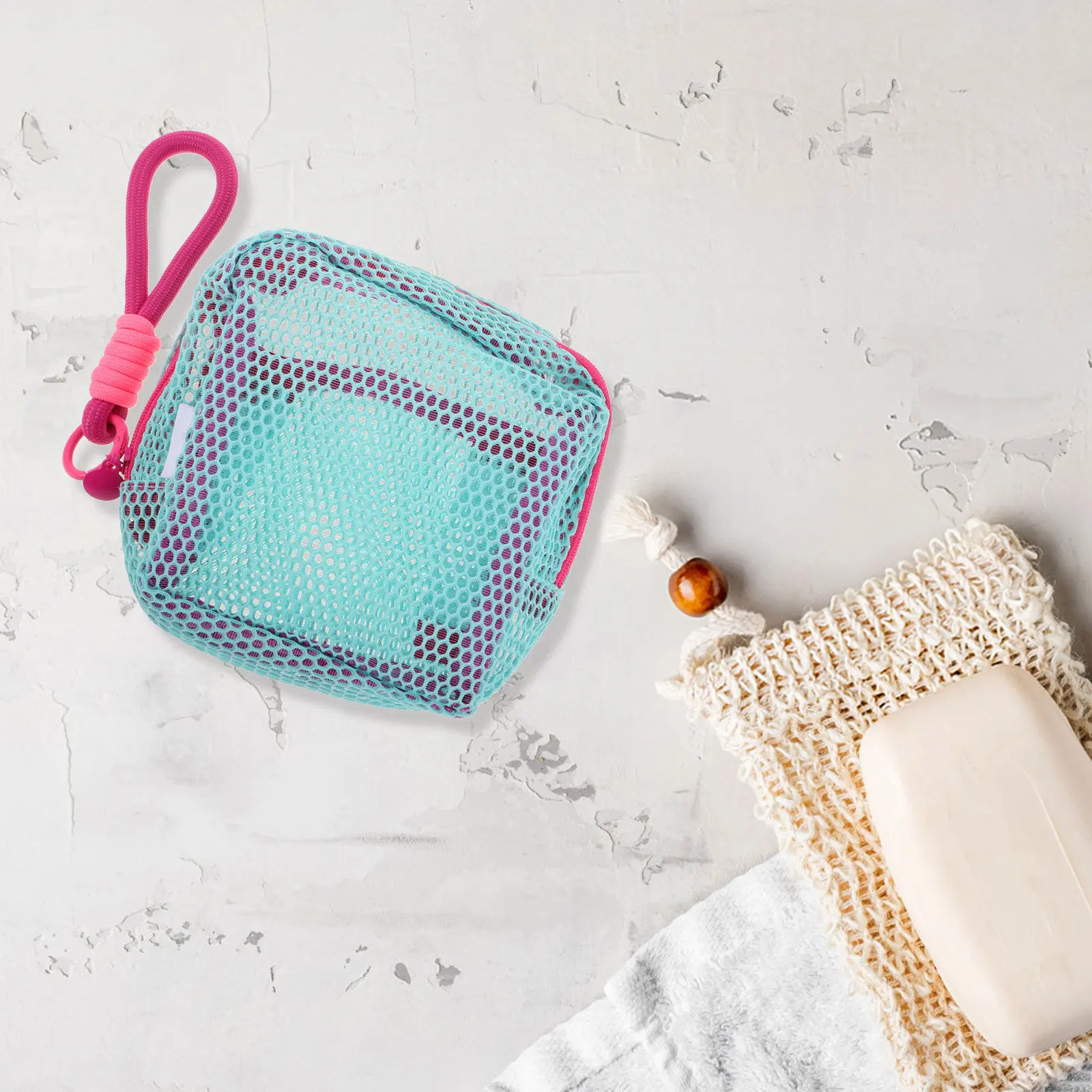 Turquoise Mesh Tofu Bag Rose Pink Lanyard Multifunctional Travel Storage Organizer for Cables Earbuds Accessories Makeup Jewelry