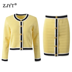 ZJYT Autumn Women's Suit Long Sleeve Knitted Sweater Skirt 2 Piece Matching Set Elegant Lady Knitting Dress Sets Female Clothing