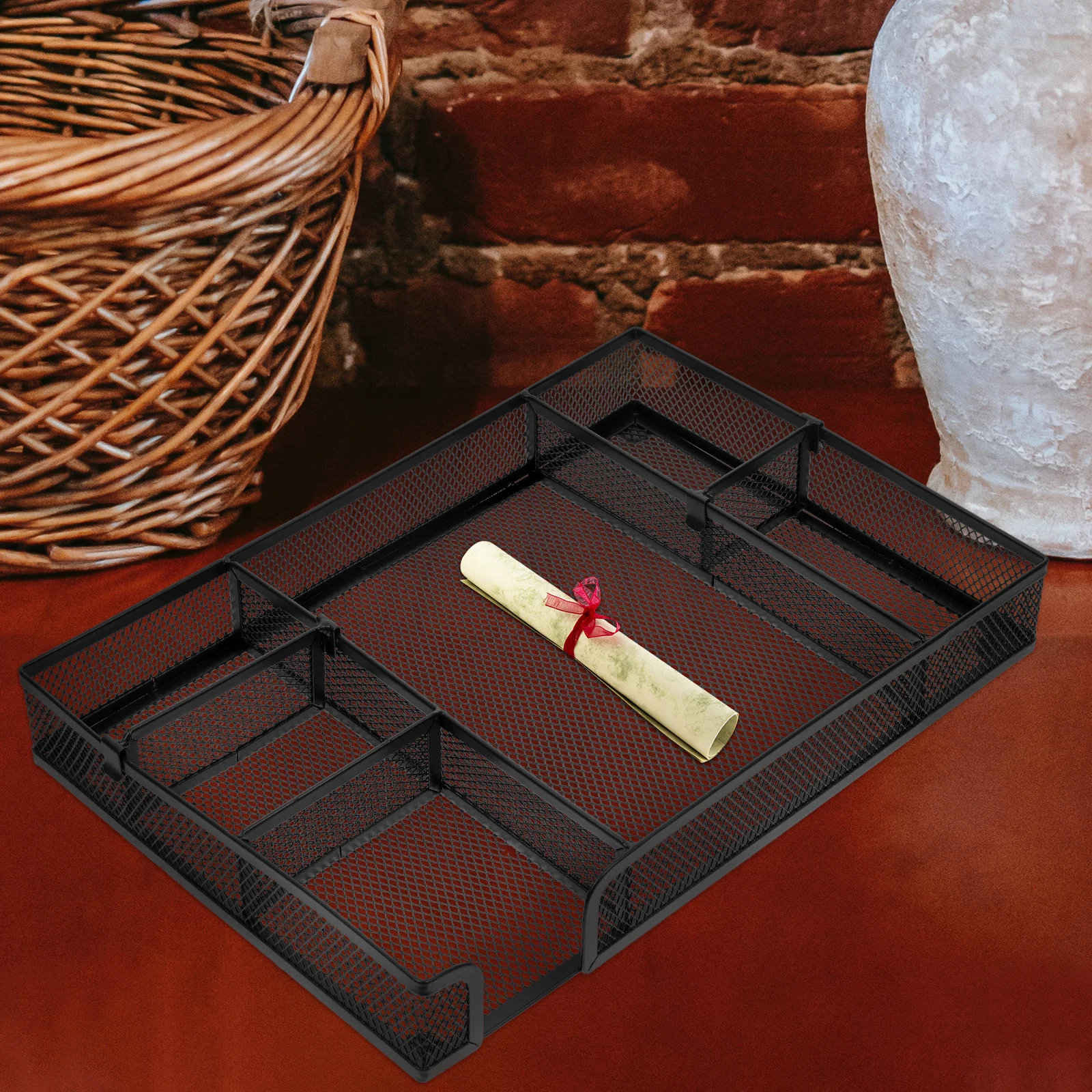 

6 Compartments Desktop Tray Metal Desk Drawer Organizer For Office Home Stationery Storage Mesh Tray Pen Organizer