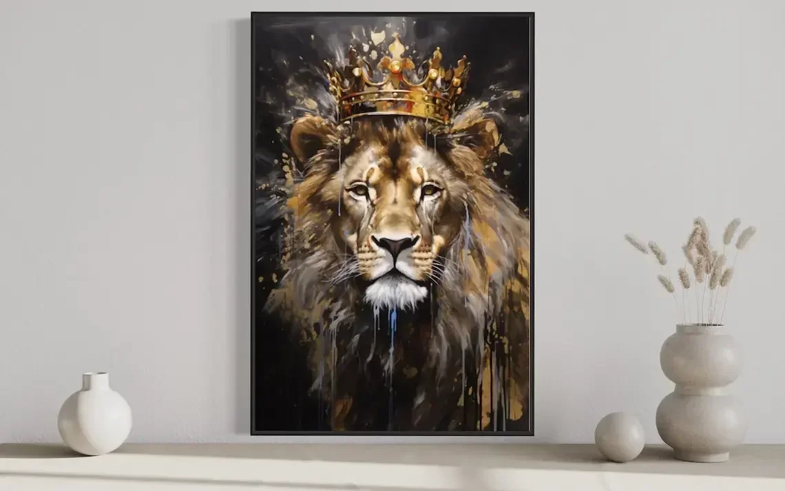Lion King and Lioness Queen with Crown Black Gold Painting Canvas Painting Romantic Couple Bedroom Wall Art Poster for Home