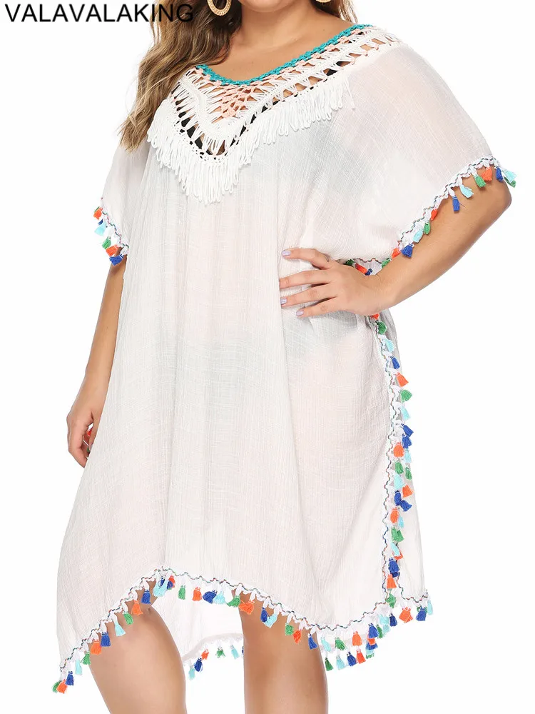 2025 Solidne damskie bikini Plus Size Cove Up z krótkim rękawem Duża duża tunika Lady Chubby Beach Dress Tassels Hollow Swimsuit Cover-Up