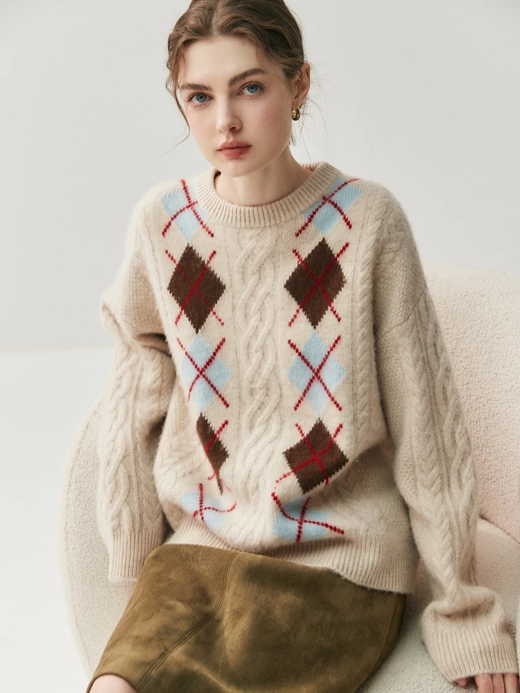 

Women's 100% Cashmere Sweater Vintage Style O-neck Pullover Autumn Winter Jacquard Thick Cashmere Knitwear Female Clothes Jumper