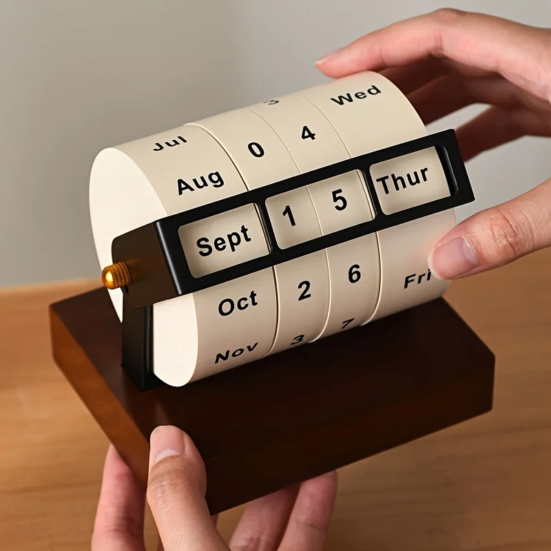 

Retro Mechanical Perpetual Calendar - Wood Base, Monthly & Day Indicator, Elegant Desk Organizer for Office & Home.