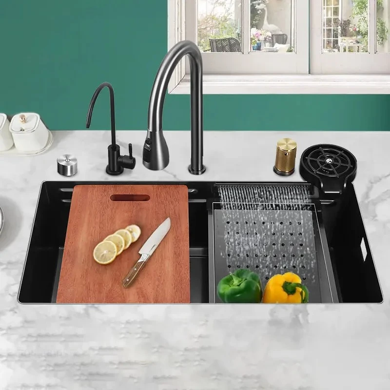 Japanese Style 304 Stainless Steel Single Bowl Kitchen Rainfall Waterfall Design