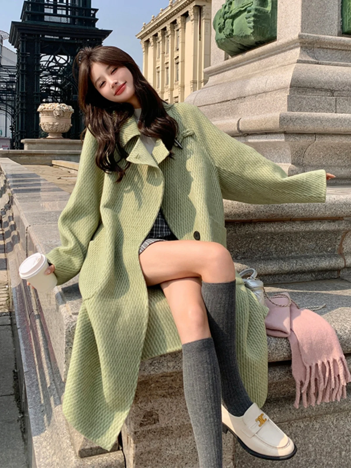 Casaco de Lã Feminino de Comprimento Médio Outono Inverno Novo Design Coreano Sensação de Alta Qualidade Jaqueta Longa Reta...