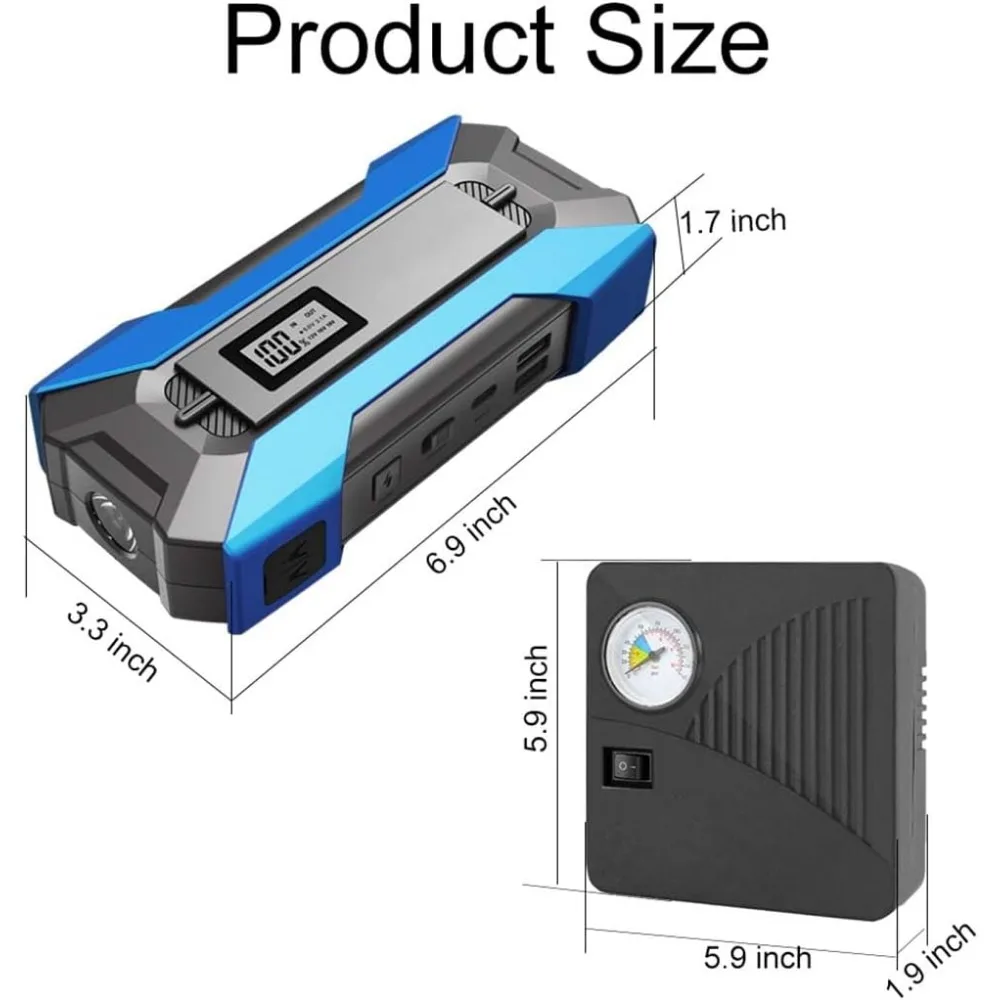 حزمة A11 Jump Starter مع ضاغط هواء، صندوق قفز 2000 أمبير/12 فولت مع مضخة هواء، شاحن بطارية السيارة للغاز حتى 10.0 لتر و8.0 لتر Di