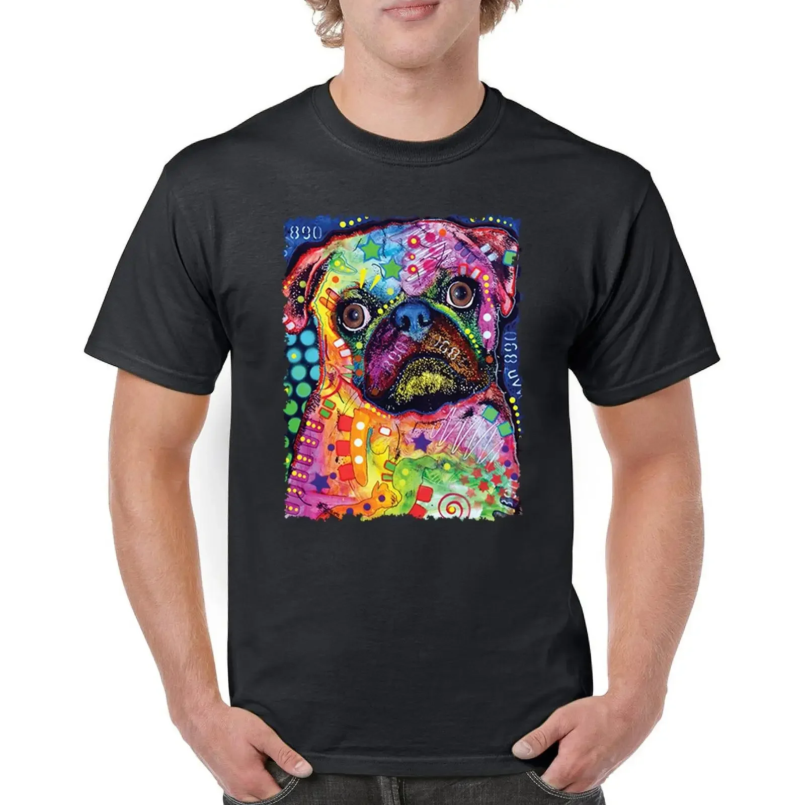 Süßes Mops-Welpen-T-Shirt Dean Russo bunt Neon Mosaik Hund Kunst Herren Vintage gewaschenes Grafik-Design Atmungsaktiv Leicht stilvoll