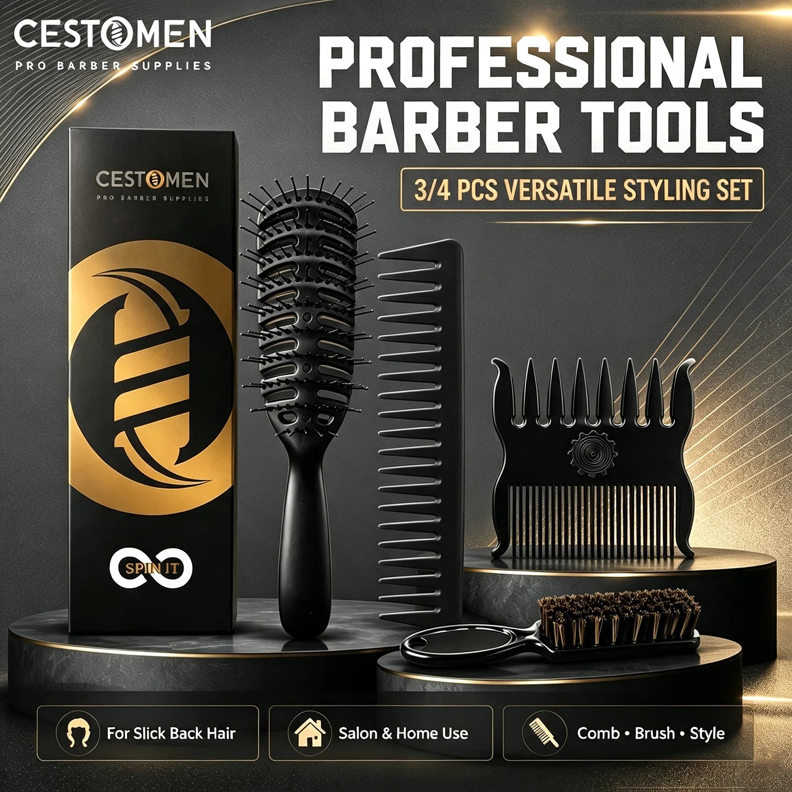 3/4PC Pro Barber Tools Kit With Bearing Spins Dual-Tooth Oil Head Combs Hollow Vent Rib Comb Bristle Hair Fade Brush For Styling