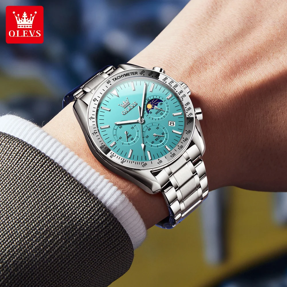 ساعات OLEVS الفاخرة للرجال من الفولاذ الناعم، ساعة يد كوارتز أصلية للرجال مقاومة للماء، كرونوغراف لمرحلة القمر