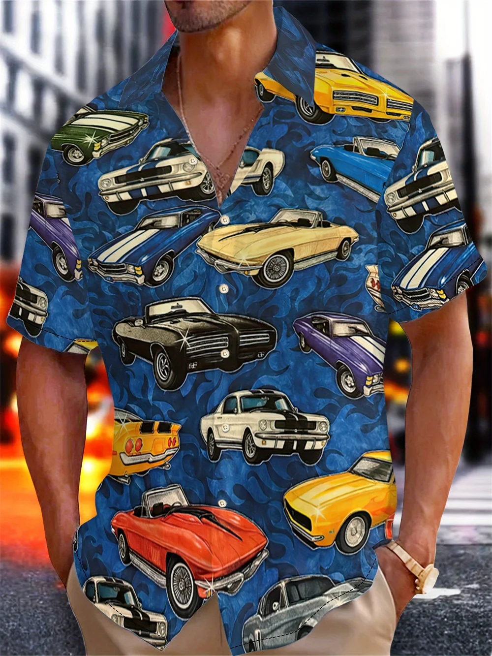 Chemise hawaïenne à manches courtes pour hommes, haut décontracté, impression de voiture 3D, mode estivale