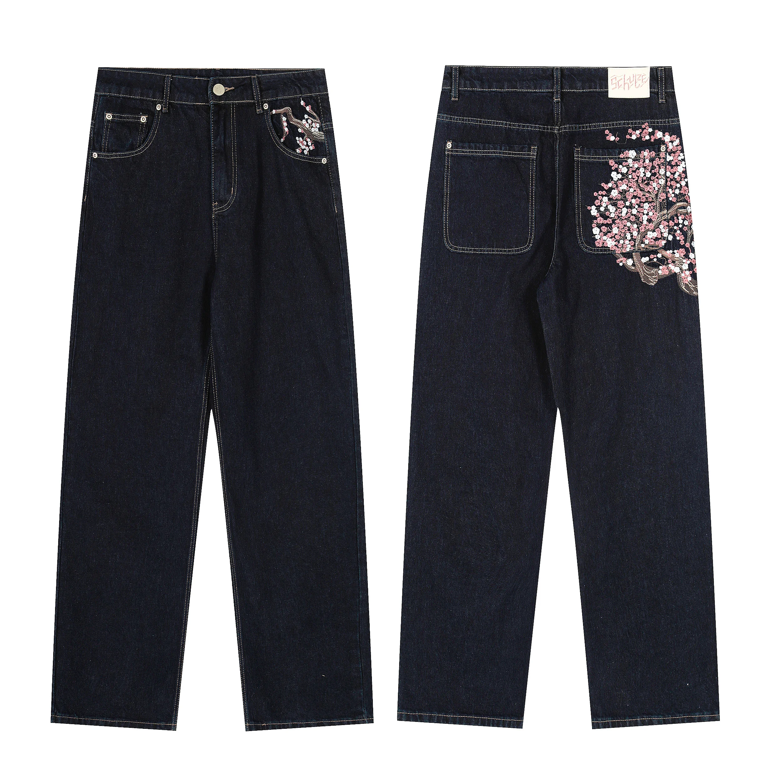 

Повседневные джинсы с вышивкой, прямые широкие штанины, в стиле High Street, модный американский бренд Derschutze, джинсовые брюки с цветочным декором