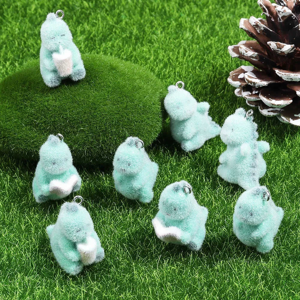 20Pcs 3D Cute Dinosaur Pendant Fluffy Flocking Animal Dinosaur Charms For Wholesale Keychain Earrings DIY Crafts Jewelry Make