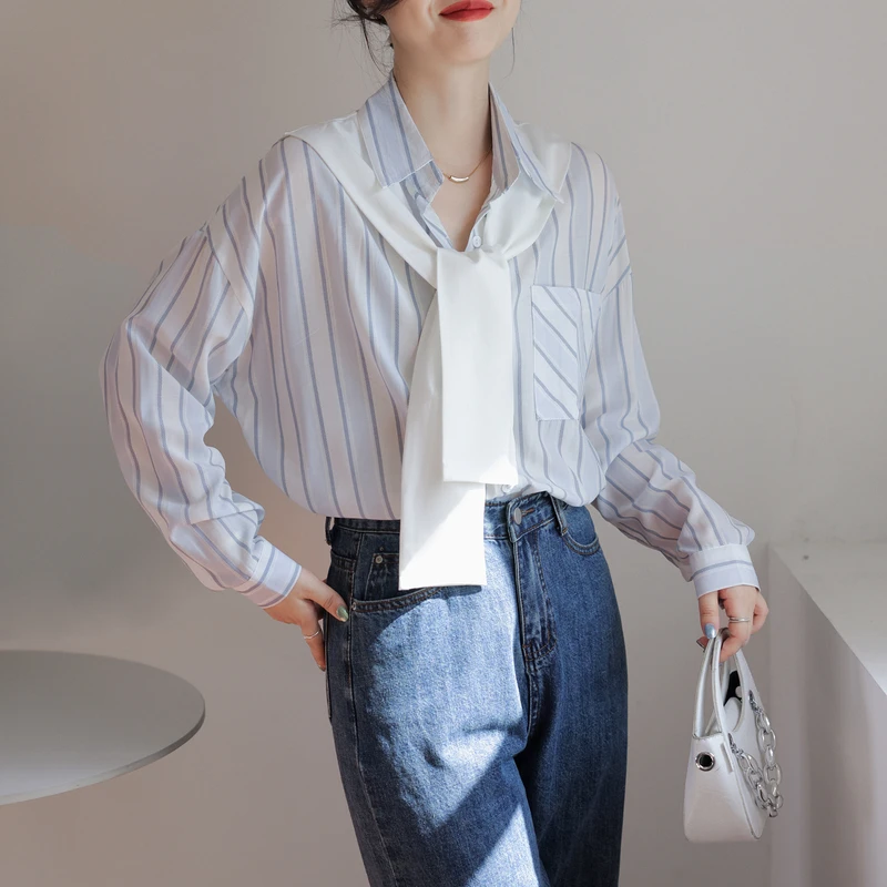 2023 New Autumn One Pocket Vintage Striped Women's Blouse with Cover Up Long Sleeve Korean Casual Loose Office Shirts Top Female