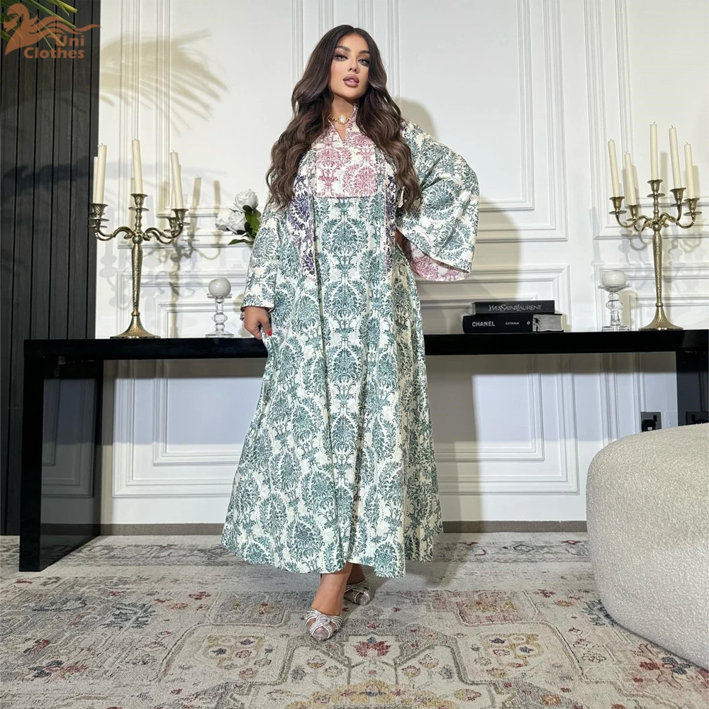 

Uni Ramadan Dubai Elegant Floral Print Abayas For Muslim Women's Flare Sleeve Dress Casual Loose Kebaya