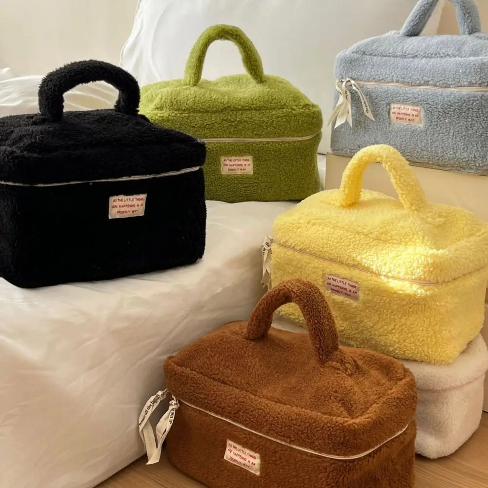 Letter Plush Cosmetic Bag Portable Storage Bag Zipper Travel Washbag Fluffy Makeup Tote Makeup Pouch Bag Female/Girls