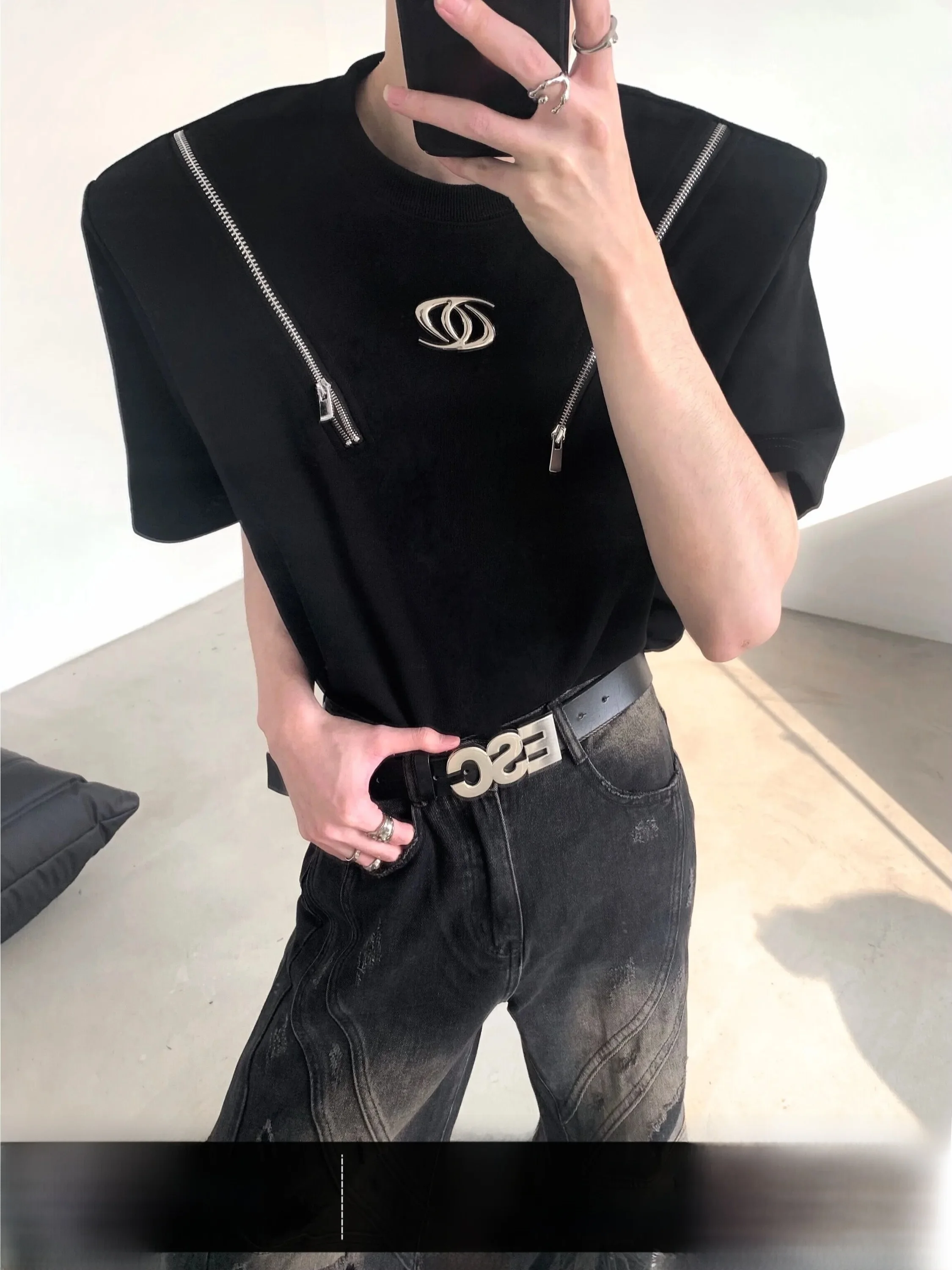 Fall Mountain Wind Original Deconstructed Metal Design Shoulder Pad Short Sleeve Men's Heavyweight Trendy Zipper T-Shirt Prem...