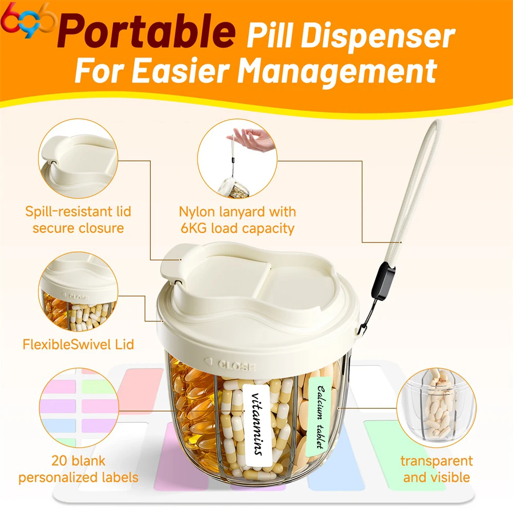 Tragbare Pillenspender-Flasche, Vitamin-Organizer für Reisen, wasserdichte tragbare Medikamententablett-Spenderbox mit 7-Fächern
