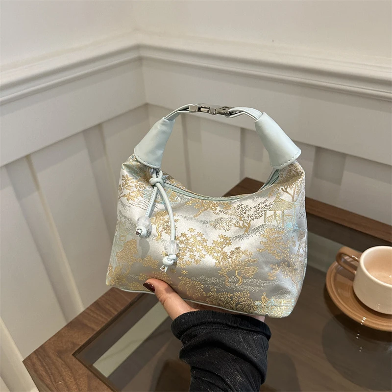 Women's Chinese Style Fine Embroidery Handbag Chic Summer Fashion Shoulder Crossbody Daily Party Tote Bucket Bag