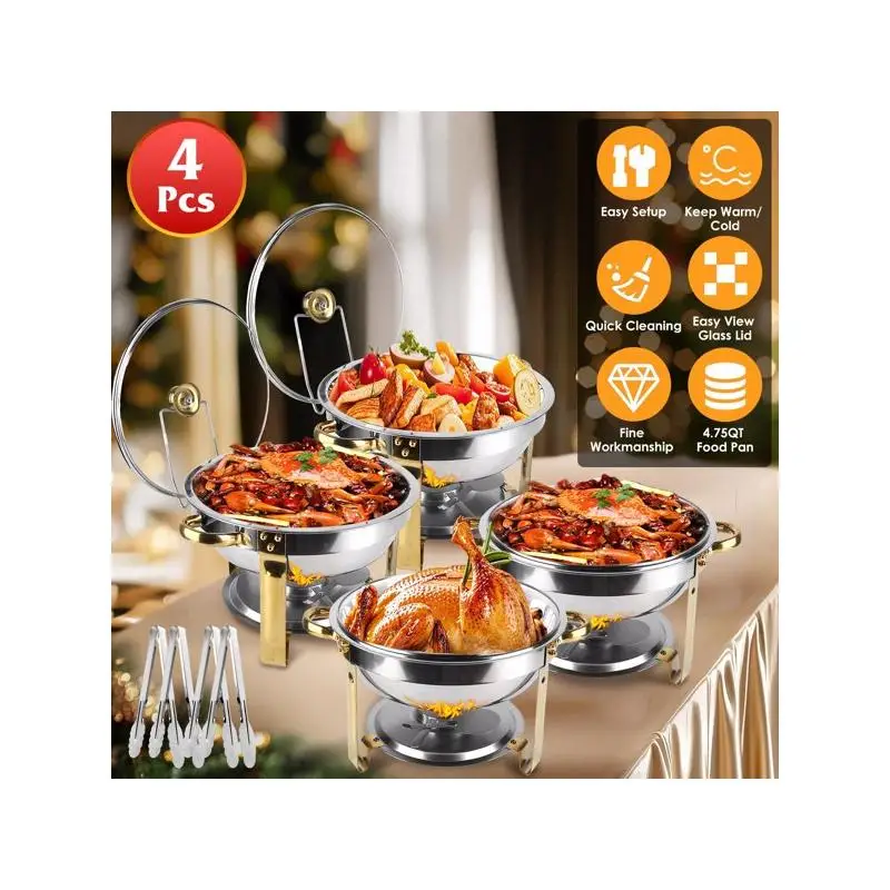 

Набор из 4 круглых жаровни, круглые подогреватели из нержавеющей стали 4,76QT с толстой рамой и зеркальными крышками, идеально подходят для