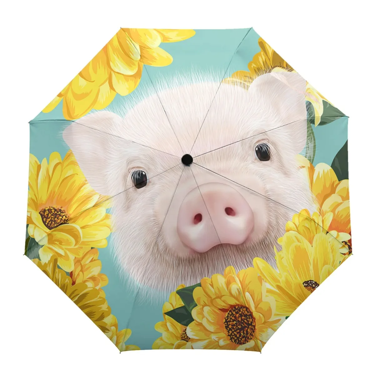 

Cartoon Pig Sunflower Rain Umbrellas Cute Farmhouse Animal Windproof Folding Travel Umbrella Portable Umbrella for Adults Teens