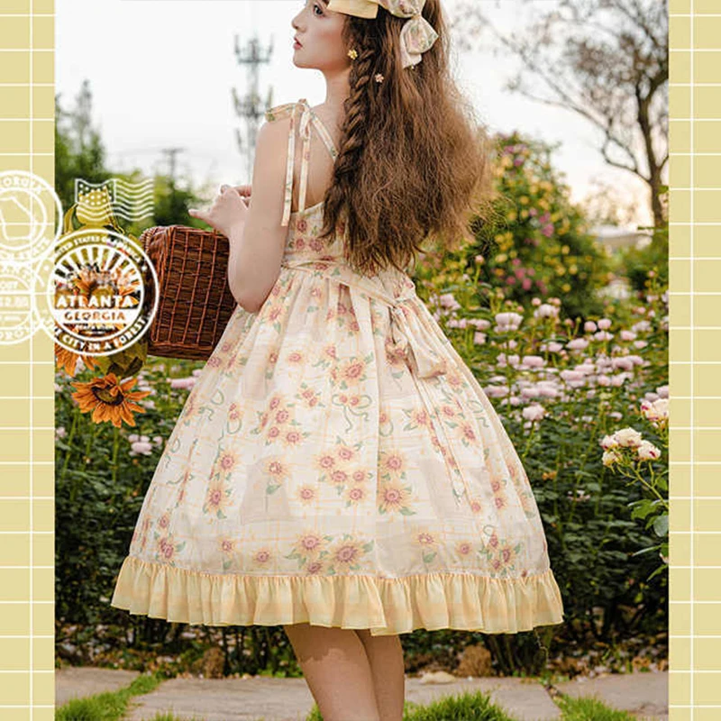 Vestido de verano amarillo Lolita JSK, ropa diaria con historia de girasol, estilo fresco, vacaciones