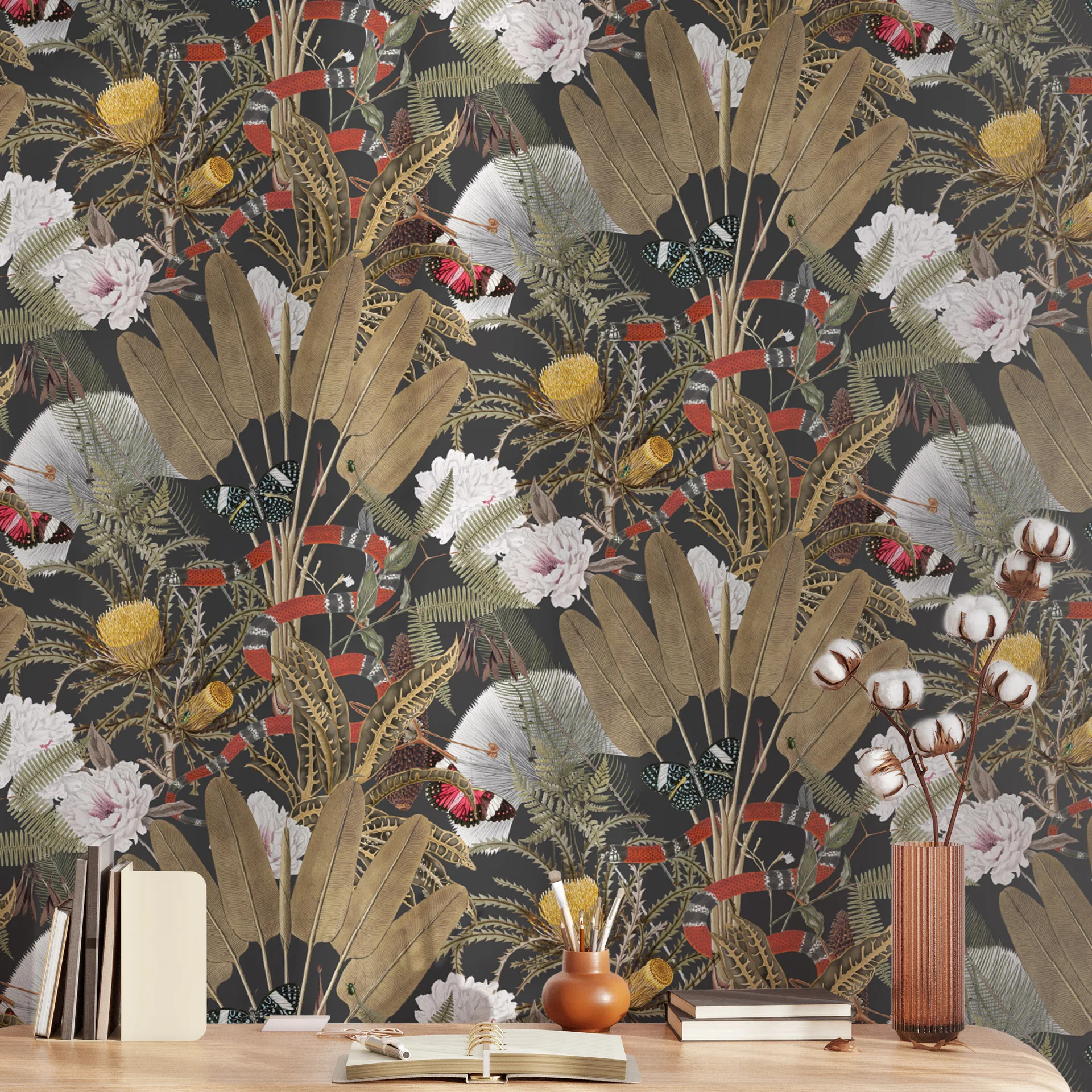 ألواح حائط على شكل فراشة ثعبان - ورق جدران قابل للإزالة بملمس نباتي استوائي، قشر وعصا ذاتية اللصق لتجديد المنزل