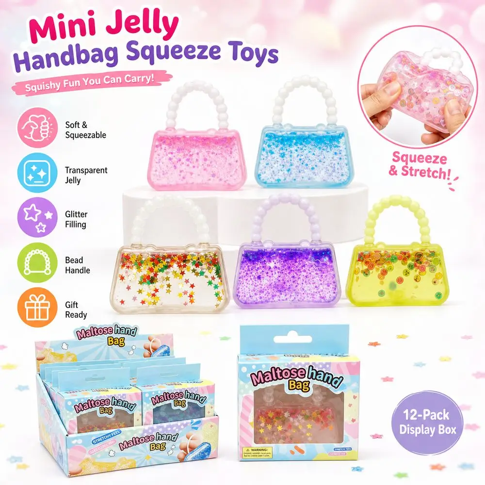 Transparent Jelly Purse Fidget Toy Bead Handle Glitter Filling Sensory Fidget Toy Soft Stretchable Purse Shape Prize Box Toys