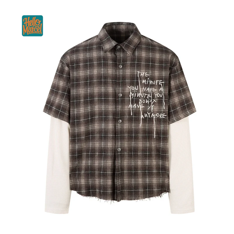 HELLOMARCEL EU US Size Luxury Quality Casual Shirt Street Wear Fashion Brand Fake Two-Piece Distressed Embroidered Plaid Shirt