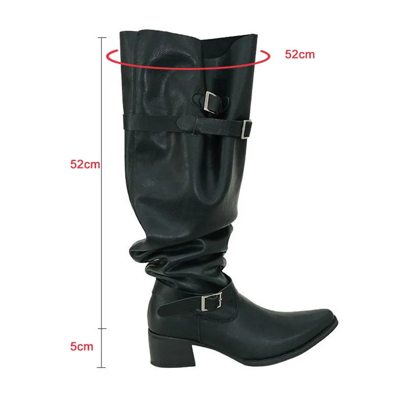 Pleated Large Shoe Tube Knight Boots Women Autumn Pointed Toe High Heels Shoes Woman Belt Buckle Western High Boots Plus Size 42