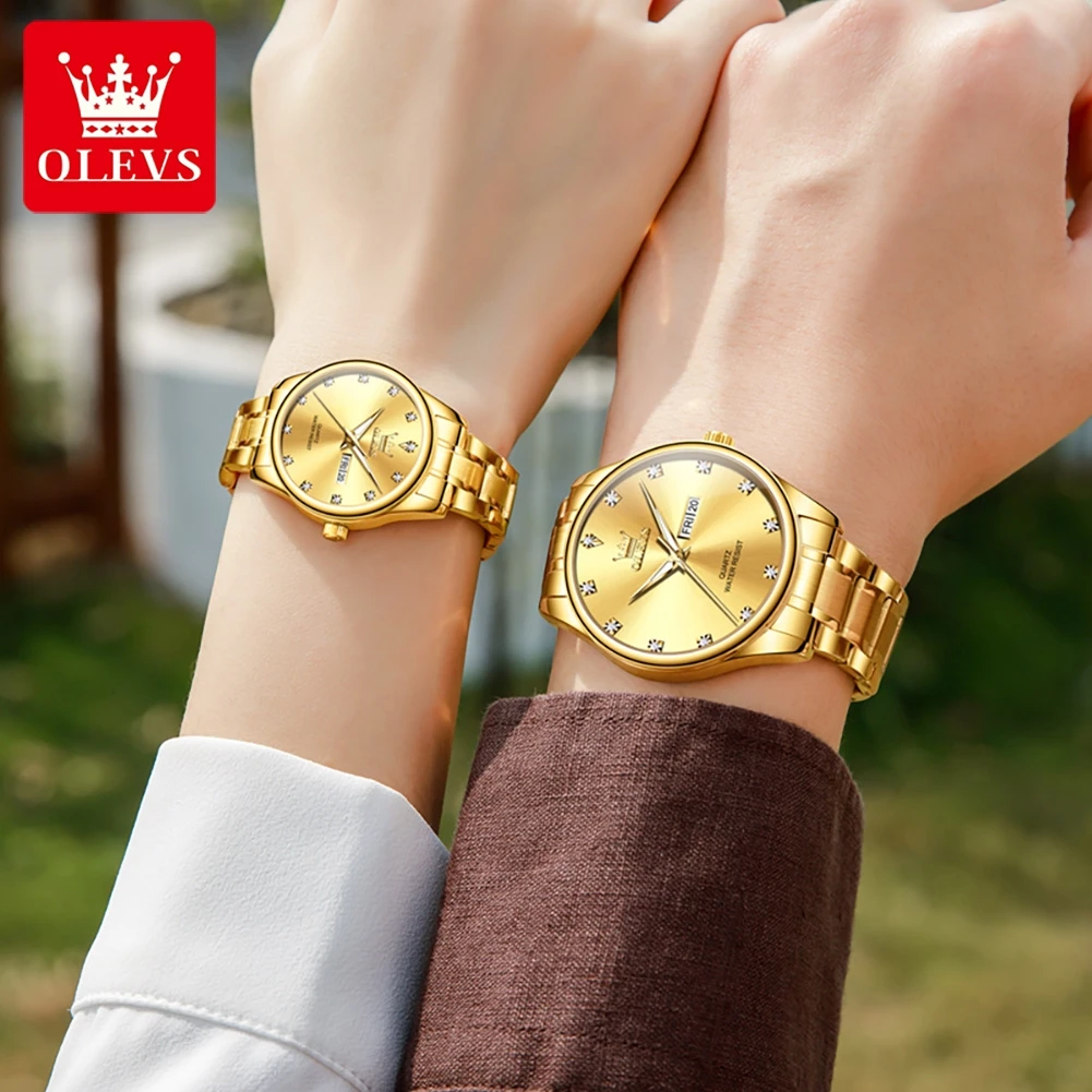 OLEVS-relojes de pareja de lujo para niña, reloj de cuarzo dorado Original, sencillo, diario, resistente al agua, luminoso, fecha, su y ella