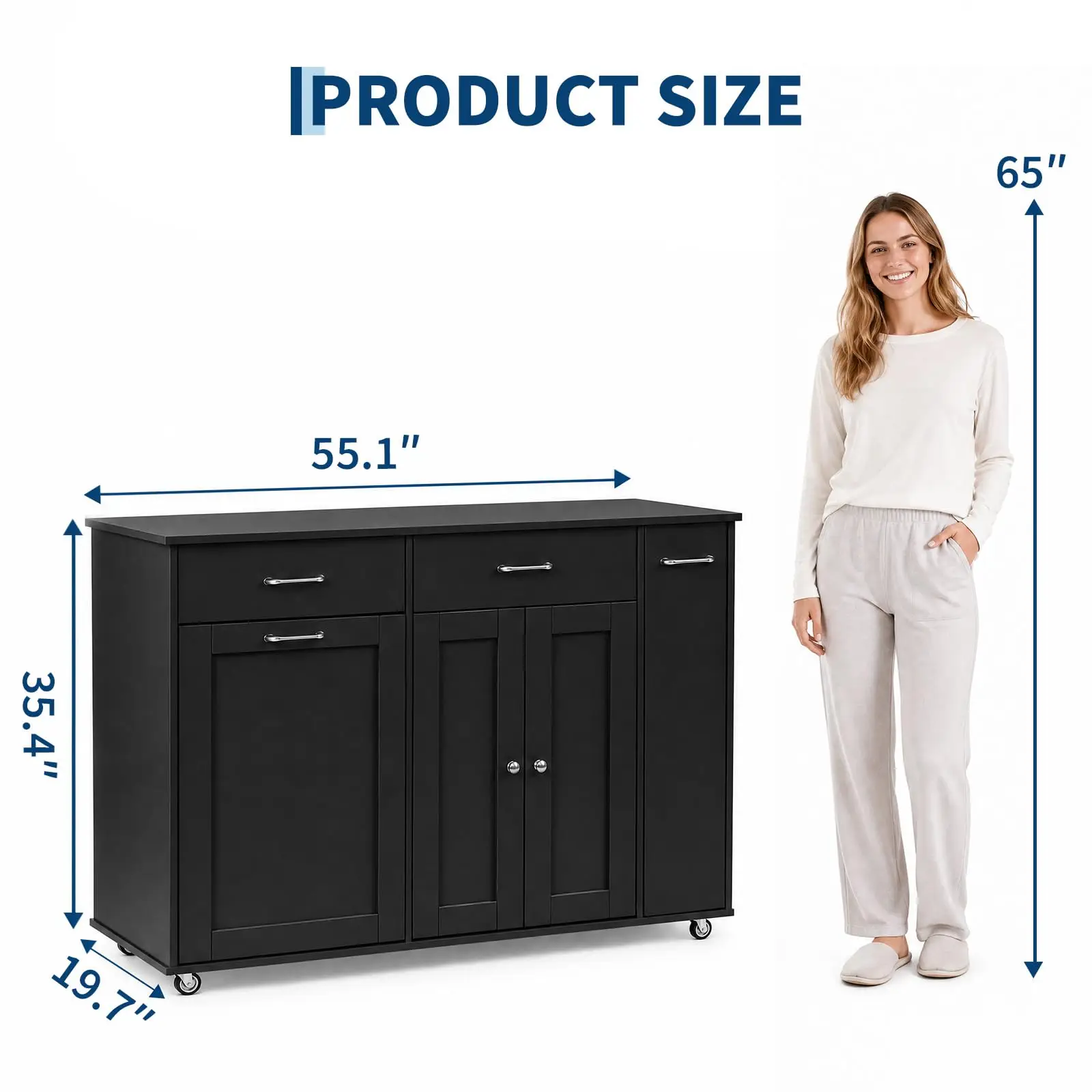 54 Inch Rolling Kitchen Island Cart With Breakfast Bar, 2 Drawers, Tilt-Out Trash Cabinet, Spice Rack, Towel Rod & Storage Shelves