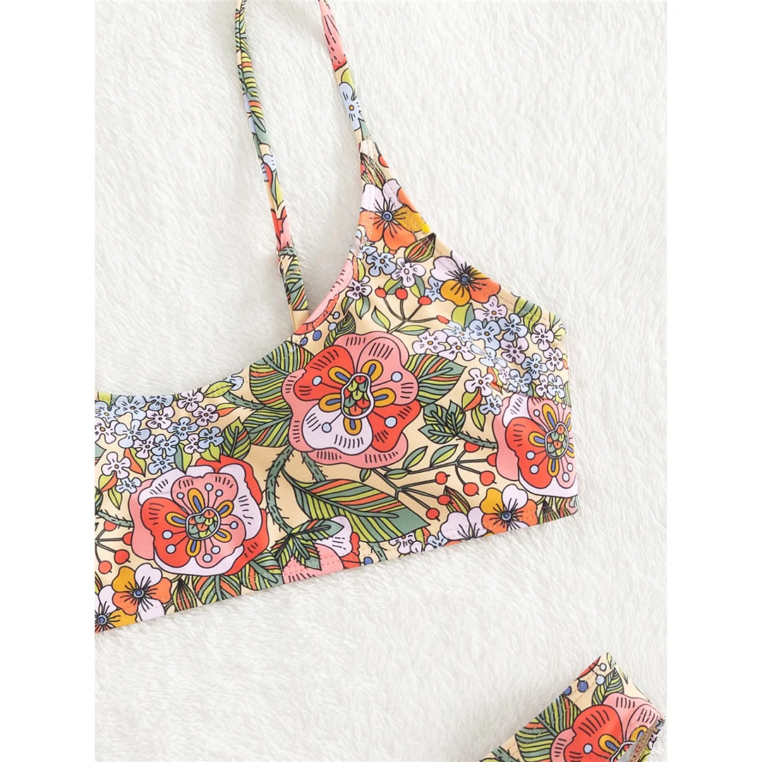 Brasilianischer Bikini mit Blumenmuster, mittelhoher Bund, Damen-Badebekleidung, zweiteiliges Bikini-Set, Badeanzug, Badebekleidung, Modell V5002. – Detail 17