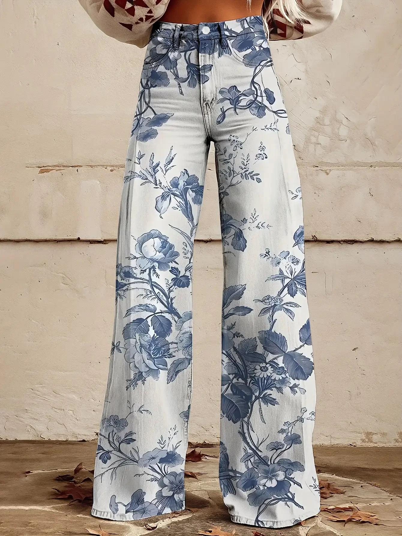 Women's slim fit wide leg flared pants, European and American niche women's irregular 3D printed jeans wide leg pants