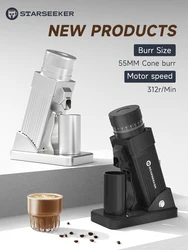 STARSEEKER E55 Elektrische koffiemolen 55MM Espresso Kegel braam Traploze fijnheidsaanpassing Cold Brew Bean Grinder Zwart Zilver