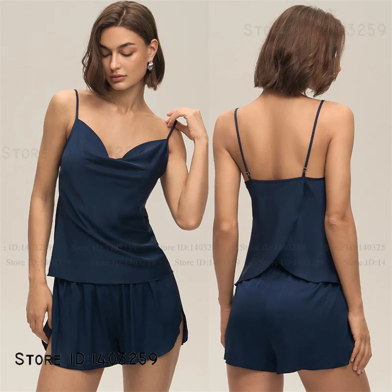 

New Female Pajamas Set Sexy Intimate Lingerie Suspender Swing Collar Pijamas Suit Summer Silky Satin Homewear Loungewear Pyjama