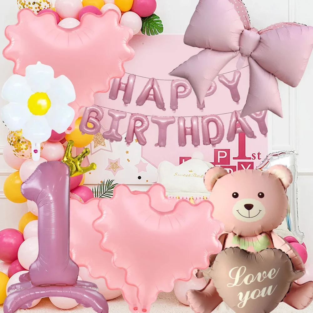 

Pink Series Number Foil Balloons Happy Birthday Letter Banner Bear Heart Flower for Girls Princess Theme Birthday Party Decor