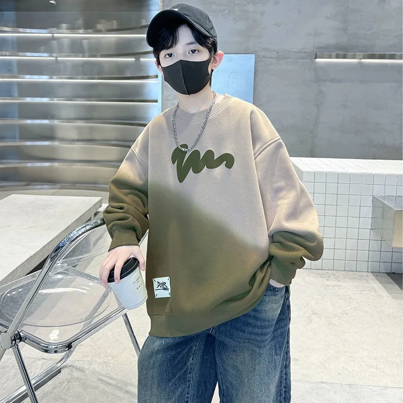 

Модная утолщенная теплая свободная толстовка без капюшона на флисовой подкладке для мальчиков среднего и большого размера, осень/зима 202, осень/зима