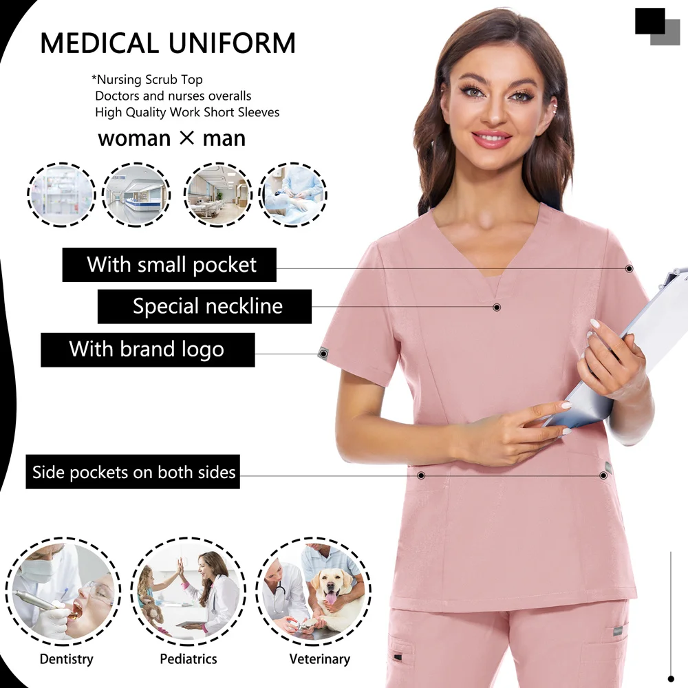 Women Medica Scrubs Tops Nurse Nursing Uniform Short Sleeve V-neck Beauty Blouse Scrub Shirt with Pocket Work Wear Lab Jacket