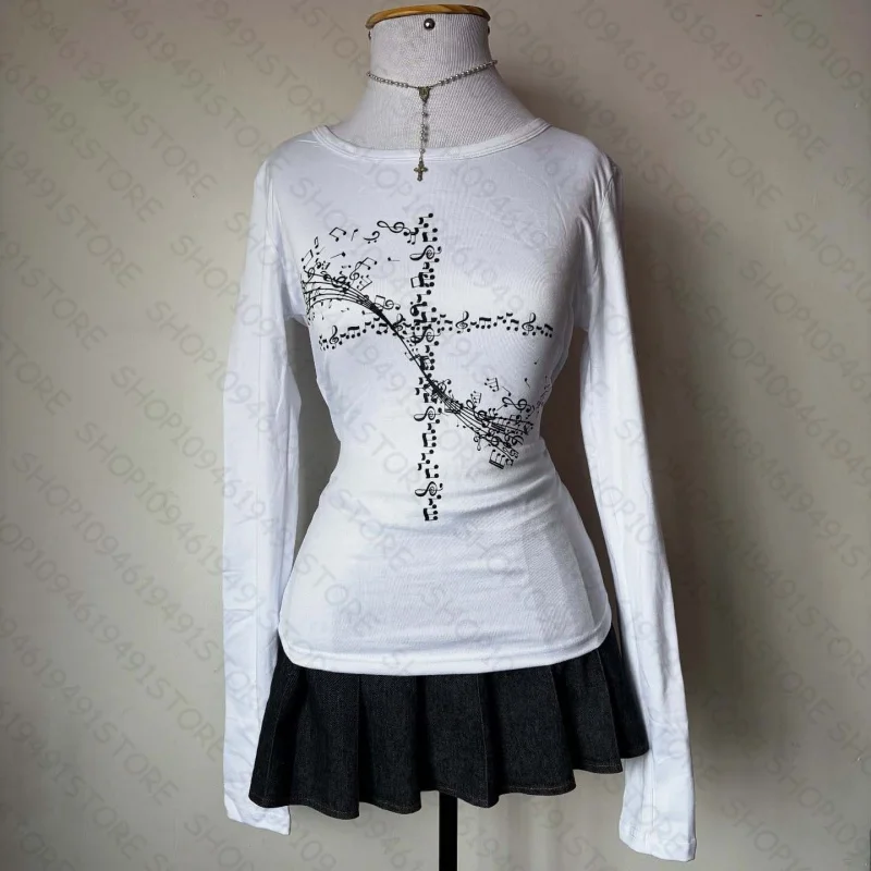 เสื้อยืดแขนยาวสไตล์ Y2K แนวหวานซ่อนเปรี้ยว สำหรับผู้หญิง ลุคแคชชวล กอธิค พังก์ พิมพ์ลาย เสื้อยืดฮาราจูกุ กรันจ์ อีโม