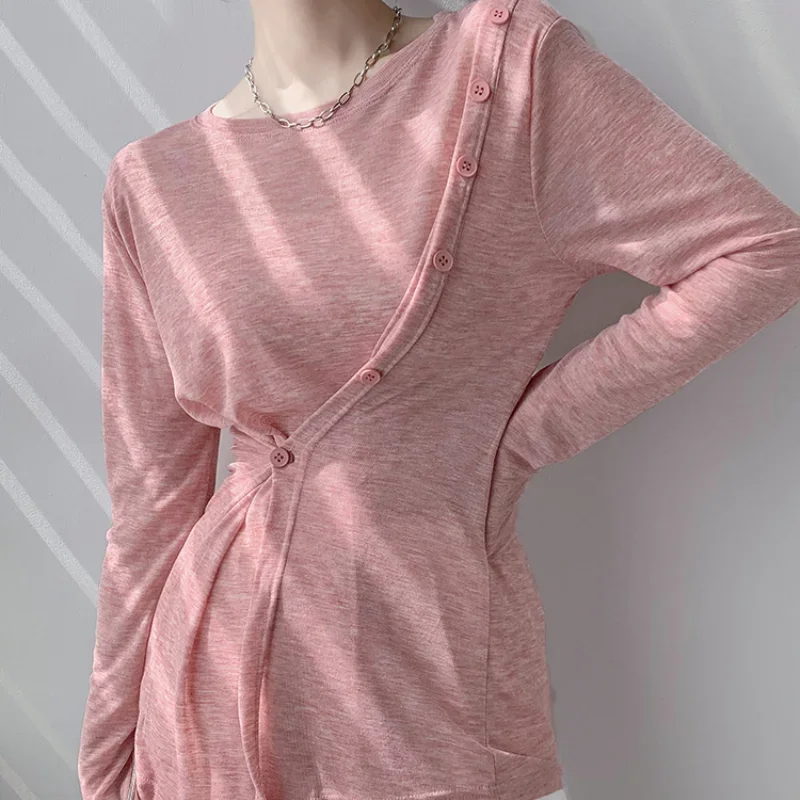 Women Fashion Single Breasted Long Sleeve Slim T-shirts New Summer Casual Sunscreen T-shirt Ladies Chic Irregular Slit Tops Pop