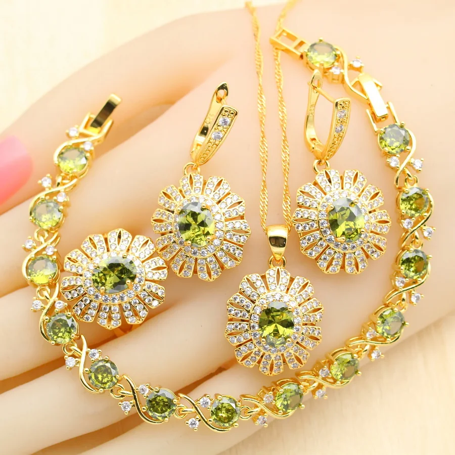 Olive Green Zirconia Gold Plated Jewelry Sets for Women Earrings Necklace Pendant Open Ring Bracelet Christmas Birthday Gift