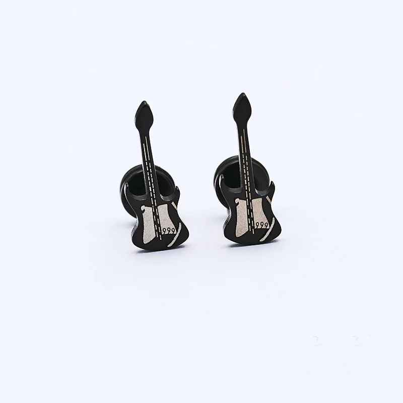 One pair, stainless steel medical steel niche rock girl~ Guochao personalized music guitar stud earrings, punk earbone stud, black cut titanium steel earrings, low sensitivity and non-fading, daily versatility, gift giving