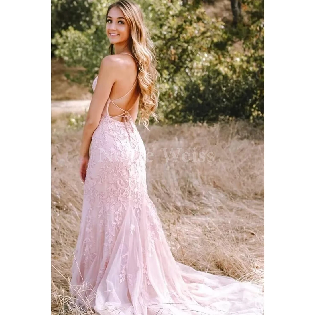 Apliques de encaje para mujer, tirantes finos, vestidos de noche de sirena, vestido de fiesta sin espalda personalizado