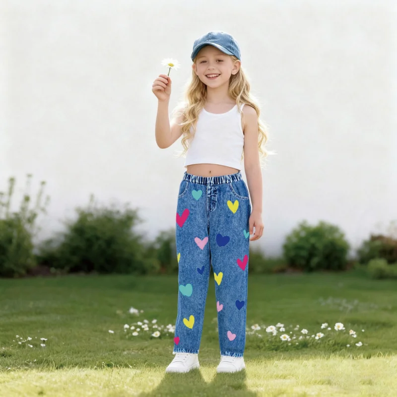 

2025 Girls' Colorful Little Love Print, Spring and Autumn Children's Fashion Casual Imitation Denim Trousers
